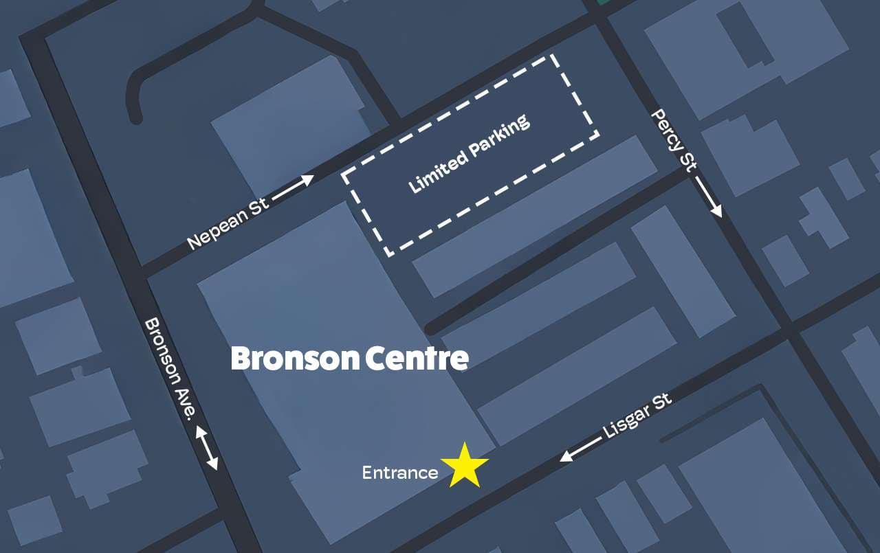 Map showing the Bronson Centre with the entrance on Lisgar Street and limited parking off Nepean Street